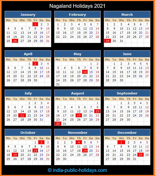 Nagaland Holiday Calendar 2021